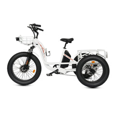 Ecotric 48V 24"x4.0 Front 20"x4.0 Rear Tires Tricycle electric bike with Front Basket + Rear Rack White