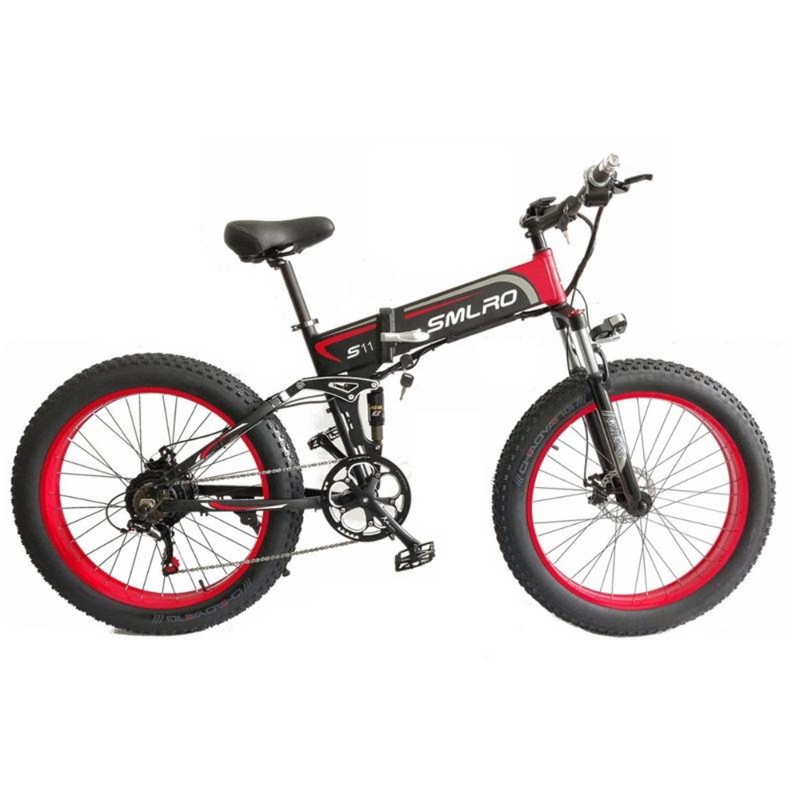 SMLRO S11 Full Suspension Folding Mountain Snow Bike | 350W 500W 700W 1000W | Black Red